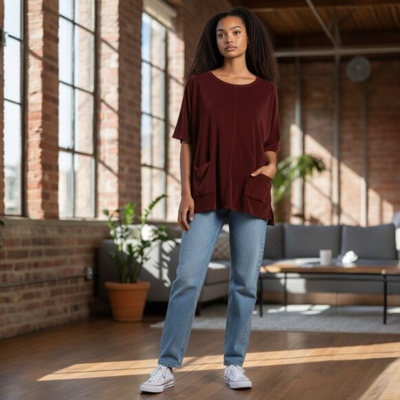 Oversized Burgundy Sweater Top Front Pockets Short Sleeve Minimalist Cozy​ - Picture 2 of 4